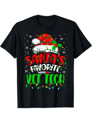 Santa Favorite VET TECH Christmas Veterinary Technician T-Shirt 180G 100% Cotton Printed Round Neck Short-Sleeve T-Shirt, Gifts for Men Dad Husband Grandpa, S-XXXL, Black