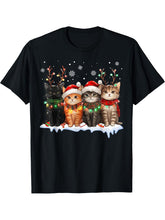 Cat Christmas Light Reindeer Santa Christmas Cat Lover T-Shirt 180G 100% Cotton Printed Round Neck Short-Sleeve T-Shirt, Gifts for Men Dad Husband Grandpa, S-XXXL, Black