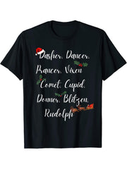 RUDOLPH DASHER DANCER PRANCER VIXEN COMET, SANTAS REINDEER T-Shirt 180G 100% Cotton Printed Round Neck Short-Sleeve T-Shirt, Gifts for Men Dad Husband Grandpa, S-XXXL, Black