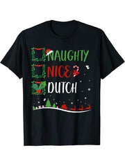Nice Naughty DUTCH Christmas Matching Santa Hat T-Shirt 180G 100% Cotton Printed Round Neck Short-Sleeve T-Shirt, Gifts for Men Dad Husband Grandpa, S-XXXL, Black