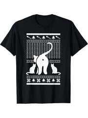 Cat Butt Ugly Christmas Sweater Design Funny Kitten Cats Ass T-Shirt 180G 100% Cotton Printed Round Neck Short-Sleeve T-Shirt, Gifts for Men Dad Husband Grandpa, S-XXXL, Black