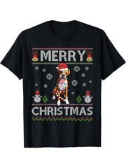 Ugly Boxer Santa Christmas Lights Dog Lover Xmas Pajama T-Shirt 180G 100% Cotton Printed Round Neck Short-Sleeve T-Shirt, Gifts for Men Dad Husband Grandpa, S-XXXL, Black