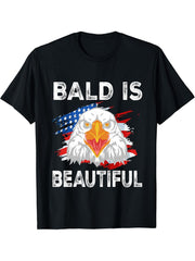 Bald Is Beautiful, 4th of July American Flag, Bald Eagle T-Shirt 180G 100% Cotton Printed Round Neck Short-Sleeve T-Shirt, Gifts for Men Dad Husband Grandpa, S-XXXL, Black
