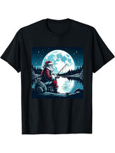 Santa Fishing Christmas Xmas Fisherman Fisher Moon Fishing T-Shirt 180G 100% Cotton Printed Round Neck Short-Sleeve T-Shirt, Gifts for Men Dad Husband Grandpa, S-XXXL, Black
