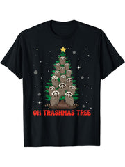 Oh Trashmas Tree Santa Raccoon Christmas Tree Racoon Lover T-Shirt 180G 100% Cotton Printed Round Neck Short-Sleeve T-Shirt, Gifts for Men Dad Husband Grandpa, S-XXXL, Black