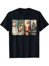 Vintage Christmas Santa Claus Snowman Reindeer Retro Xmas T-Shirt 180G 100% Cotton Printed Round Neck Short-Sleeve T-Shirt, Gifts for Men Dad Husband Grandpa, S-XXXL, Black