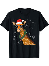 Funny Christmas Giraffe Santa Hat Giraffe Lover Xmas T-Shirt 180G 100% Cotton Printed Round Neck Short-Sleeve T-Shirt, Gifts for Men Dad Husband Grandpa, S-XXXL, Black