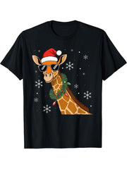 Funny Christmas Giraffe Santa Hat Giraffe Lover Xmas T-Shirt 180G 100% Cotton Printed Round Neck Short-Sleeve T-Shirt, Gifts for Men Dad Husband Grandpa, S-XXXL, Black