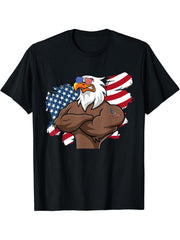 Bald Eagle Sunglasses Tattoo US Flag, Happy Fourth of July T-Shirt 180G 100% Cotton Printed Round Neck Short-Sleeve T-Shirt, Gifts for Men Dad Husband Grandpa, S-XXXL, Black