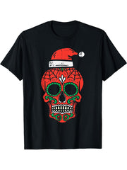 Sugar Skull Santa Hat Mexican Christmas Xmas Men Women PJ T-Shirt 180G 100% Cotton Printed Round Neck Short-Sleeve T-Shirt, Gifts for Men Dad Husband Grandpa, S-XXXL, Black