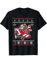 Santa Claus Flying Airplane Ugly Christmas Sweater Xmas T-Shirt 180G 100% Cotton Printed Round Neck Short-Sleeve T-Shirt, Gifts for Men Dad Husband Grandpa, S-XXXL, Black