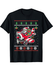 Santa Claus Flying Airplane Ugly Christmas Sweater Xmas T-Shirt 180G 100% Cotton Printed Round Neck Short-Sleeve T-Shirt, Gifts for Men Dad Husband Grandpa, S-XXXL, Black