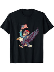 Funny Monkey Bald Eagle USA American Flag Fourth Of July T-Shirt 180G 100% Cotton Printed Round Neck Short-Sleeve T-Shirt, Gifts for Men Dad Husband Grandpa, S-XXXL, Black