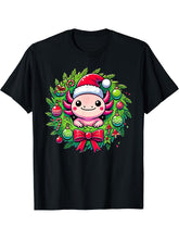Axolotl Santa Hat Christmas Xmas T-Shirt 180G 100% Cotton Printed Round Neck Short-Sleeve T-Shirt, Gifts for Men Dad Husband Grandpa, S-XXXL, Black