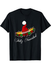 Feliz Navidad' Santa Hat Sombrero Funny Mexican Christmas T-Shirt 180G 100% Cotton Printed Round Neck Short-Sleeve T-Shirt, Gifts for Men Dad Husband Grandpa, S-XXXL, Black
