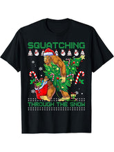 Squatching Through The Snow Squatch Santa Bigfoot Christmas T-Shirt 180G 100% Cotton Printed Round Neck Short-Sleeve T-Shirt, Gifts for Men Dad Husband Grandpa, S-XXXL, Black