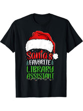 Santa's Favorite Library Assistant Funny Christmas T-Shirt 180G 100% Cotton Printed Round Neck Short-Sleeve T-Shirt, Gifts for Men Dad Husband Grandpa, S-XXXL, Black