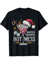 Santa's Favorite Hot Mess Funny Margarita T-Shirt 180G 100% Cotton Printed Round Neck Short-Sleeve T-Shirt, Gifts for Men Dad Husband Grandpa, S-XXXL, Black