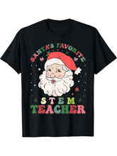 Santa's Favorite STEM Teacher Retro Groovy Christmas Xmas T-Shirt 180G 100% Cotton Printed Round Neck Short-Sleeve T-Shirt, Gifts for Men Dad Husband Grandpa, S-XXXL, Black