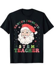 Santa's Favorite STEM Teacher Retro Groovy Christmas Xmas T-Shirt 180G 100% Cotton Printed Round Neck Short-Sleeve T-Shirt, Gifts for Men Dad Husband Grandpa, S-XXXL, Black