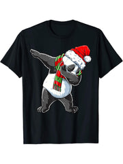 Dabbing Panda Santa Christmas Boy Girl Boys Men Xmas Bear Lover T-Shirt 180G 100% Cotton Printed Round Neck Short-Sleeve T-Shirt, Gifts for Men Dad Husband Grandpa, S-XXXL, Black