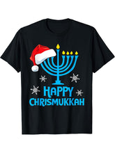 Happy Chrismukkah Santa Hat Christmas Hanukkah Sleep T-Shirt 180G 100% Cotton Printed Round Neck Short-Sleeve T-Shirt, Gifts for Men Dad Husband Grandpa, S-XXXL, Black