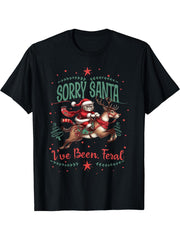 Sorry Santa I've Been Feral Cat Riding Reindeer Christmas T-Shirt 180G 100% Cotton Printed Round Neck Short-Sleeve T-Shirt, Gifts for Men Dad Husband Grandpa, S-XXXL, Black