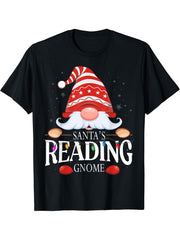 Santa's Reading Gnome Matching Christmas Pajama T-Shirt 180G 100% Cotton Printed Round Neck Short-Sleeve T-Shirt, Gifts for Men Dad Husband Grandpa, S-XXXL, Black