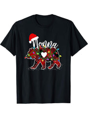 Nonna Bear Christmas Red Buffalo Plaid with Santa Hat Lights T-Shirt 180G 100% Cotton Printed Round Neck Short-Sleeve T-Shirt, Gifts for Men Dad Husband Grandpa, S-XXXL, Black