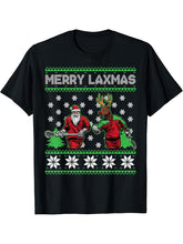 Merry LAXMAS Ugly Christmas Lacrosse Santa Reindeer Lax T-Shirt 180G 100% Cotton Printed Round Neck Short-Sleeve T-Shirt, Gifts for Men Dad Husband Grandpa, S-XXXL, Black