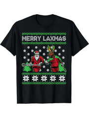 Merry LAXMAS Ugly Christmas Lacrosse Santa Reindeer Lax T-Shirt 180G 100% Cotton Printed Round Neck Short-Sleeve T-Shirt, Gifts for Men Dad Husband Grandpa, S-XXXL, Black