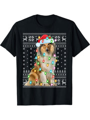 Xmas Lighting Santa Hat Ugly Rough Collie Christmas T-Shirt 180G 100% Cotton Printed Round Neck Short-Sleeve T-Shirt, Gifts for Men Dad Husband Grandpa, S-XXXL, Black