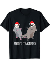 Garbage Gang Opossum Raccoon Santa Claus Merry Trashmas T-Shirt 180G 100% Cotton Printed Round Neck Short-Sleeve T-Shirt, Gifts for Men Dad Husband Grandpa, S-XXXL, Black