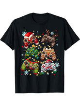 Boys Christmas Shirt Santa Elf Gaming Controllers Gamer Xmas T-Shirt 180G 100% Cotton Printed Round Neck Short-Sleeve T-Shirt, Gifts for Men Dad Husband Grandpa, S-XXXL, Black