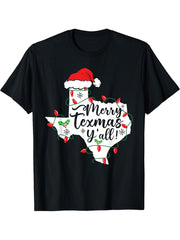 Texas Map Santa Hat Texan T-Shirt 180G 100% Cotton Printed Round Neck Short-Sleeve T-Shirt, Gifts for Men Dad Husband Grandpa, S-XXXL, Black