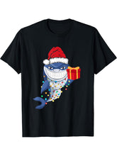 Shark Christmas Tree Lights Santa Hat Xmas Toddler Boys Boy Girl T-Shirt 180G 100% Cotton Printed Round Neck Short-Sleeve T-Shirt, Gifts for Men Dad Husband Grandpa, S-XXXL, Black