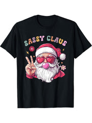 Sassy Claus Groovy Christmas Hippie Santa Clause T-Shirt 180G 100% Cotton Printed Round Neck Short-Sleeve T-Shirt, Gifts for Men Dad Husband Grandpa, S-XXXL, Black