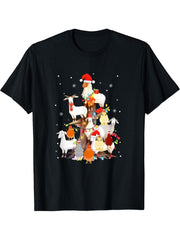 Goat Chicken Santa Hat Reindeer Christmas Lights Farm Animal T-Shirt 180G 100% Cotton Printed Round Neck Short-Sleeve T-Shirt, Gifts for Men Dad Husband Grandpa, S-XXXL, Black