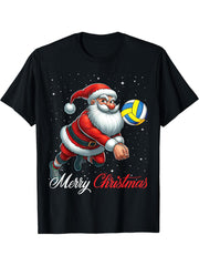 Santa Claus Volleyball Player Merry Christmas Snow Xmas T-Shirt 180G 100% Cotton Printed Round Neck Short-Sleeve T-Shirt, Gifts for Men Dad Husband Grandpa, S-XXXL, Black