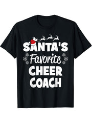 Santa's Favorite Cheer Coach Funny Christmas Matching T-Shirt 180G 100% Cotton Printed Round Neck Short-Sleeve T-Shirt, Gifts for Men Dad Husband Grandpa, S-XXXL, Black