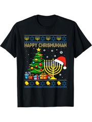 Happy Chrismukkah Santa Hat Christmas Hanukkah Sleep Pajama T-Shirt 180G 100% Cotton Printed Round Neck Short-Sleeve T-Shirt, Gifts for Men Dad Husband Grandpa, S-XXXL, Black