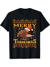 Merry Thanksmas Thanksgiving Turkey Santa Xmas Gifts T-Shirt 180G 100% Cotton Printed Round Neck Short-Sleeve T-Shirt, Gifts for Men Dad Husband Grandpa, S-XXXL, Black