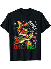 Merry Christmusk Xmas Santa Reindeer Muskie Fish Fisherman T-Shirt 180G 100% Cotton Printed Round Neck Short-Sleeve T-Shirt, Gifts for Men Dad Husband Grandpa, S-XXXL, Black