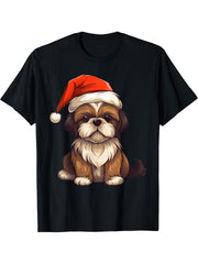 Christmas Shih Tzu Dog Santa Hat Funny Xmas Boy Girl T-Shirt 180G 100% Cotton Printed Round Neck Short-Sleeve T-Shirt, Gifts for Men Dad Husband Grandpa, S-XXXL, Black
