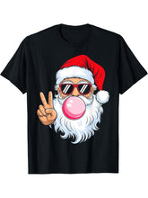 Pink Santa Blowing Bubble Gum Glasses Vintage Christmas T-Shirt 180G 100% Cotton Printed Round Neck Short-Sleeve T-Shirt, Gifts for Men Dad Husband Grandpa, S-XXXL, Black