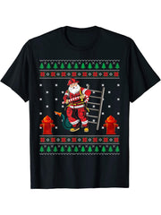 Funny Firefighter Fireman Ugly Christmas Santa Claus Pajama T-Shirt 180G 100% Cotton Printed Round Neck Short-Sleeve T-Shirt, Gifts for Men Dad Husband Grandpa, S-XXXL, Black