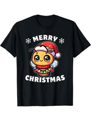 Santa Hat Christmas Fairy Lights Bee T-Shirt 180G 100% Cotton Printed Round Neck Short-Sleeve T-Shirt, Gifts for Men Dad Husband Grandpa, S-XXXL, Black