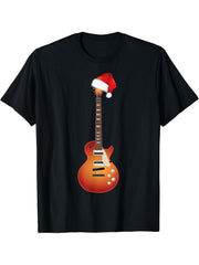 Christmas Guitar T Shirt with Santa Hat Guitars Lovers Shirt T-Shirt 180G 100% Cotton Printed Round Neck Short-Sleeve T-Shirt, Gifts for Men Dad Husband Grandpa, S-XXXL, Black