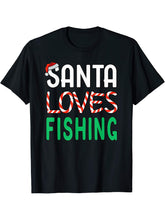 Fishing Christmas Gift - Funny Santa Loves Fishing T-Shirt 180G 100% Cotton Printed Round Neck Short-Sleeve T-Shirt, Gifts for Men Dad Husband Grandpa, S-XXXL, Black