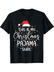 Xmas Lights Santa Hat Funny Holiday This Is My Christmas T-Shirt 180G 100% Cotton Printed Round Neck Short-Sleeve T-Shirt, Gifts for Men Dad Husband Grandpa, S-XXXL, Black